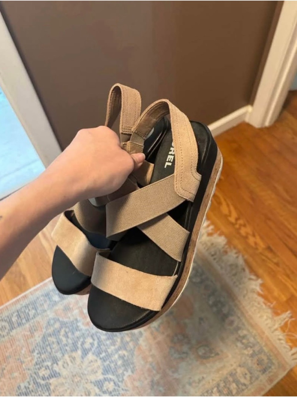 Sorel Beige Strappy Cork-Style Platform Wedge Sandal - Picture 2 of 4